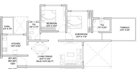 Floor plan of 2 BHK 592 Sq. Ft. Apartment in Dynamic Linea, Pune