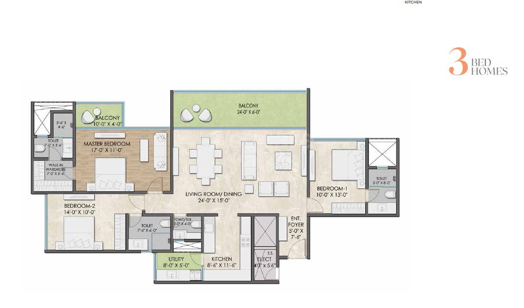 Floor plan of 3 BHK 1458 Sq. Ft. Apartment in Dynasty The Hyphen, Pune