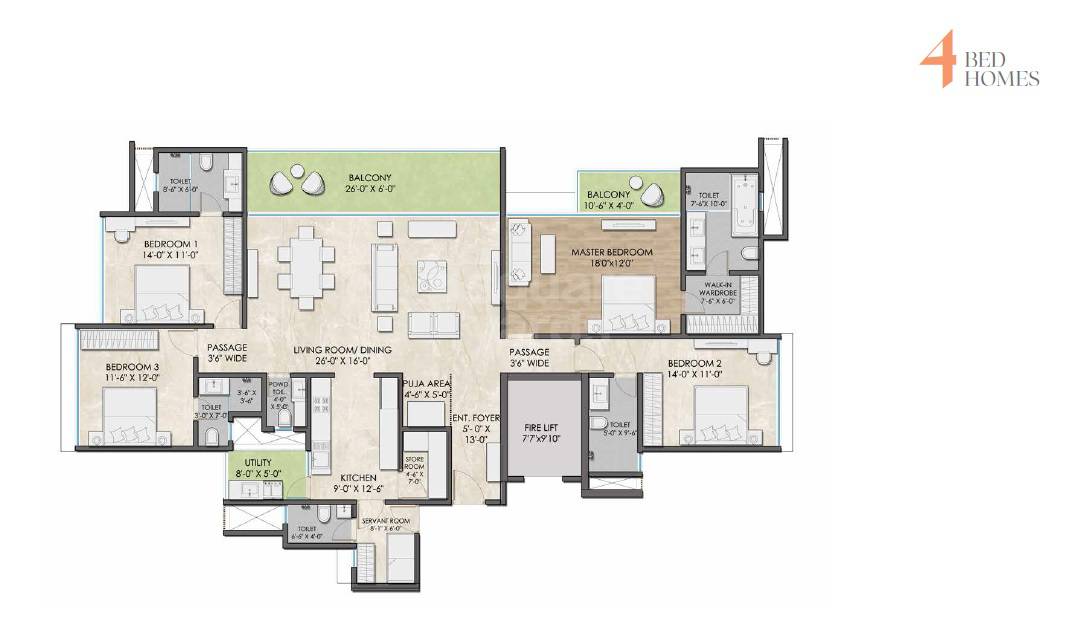 Floor plan of 4 BHK 2094 Sq. Ft. Apartment in Dynasty The Hyphen, Pune