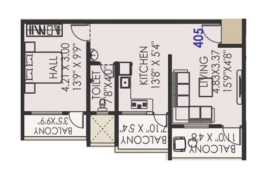 Floor plan of 1 BHK 623 Sq. Ft. Apartment in Eagle Madhav Appartment, Pune