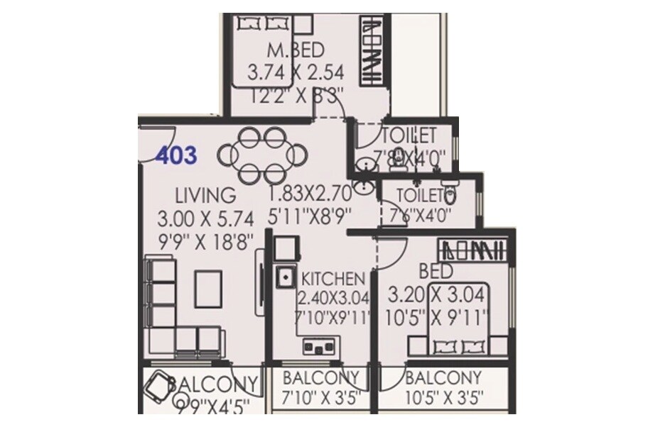 Floor plan of 2 BHK 726 Sq. Ft. Apartment in Eagle Madhav Appartment, Pune