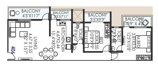 Floor plan of 2 BHK 954 Sq. Ft. Apartment in Eagle Madhav Appartment, Pune