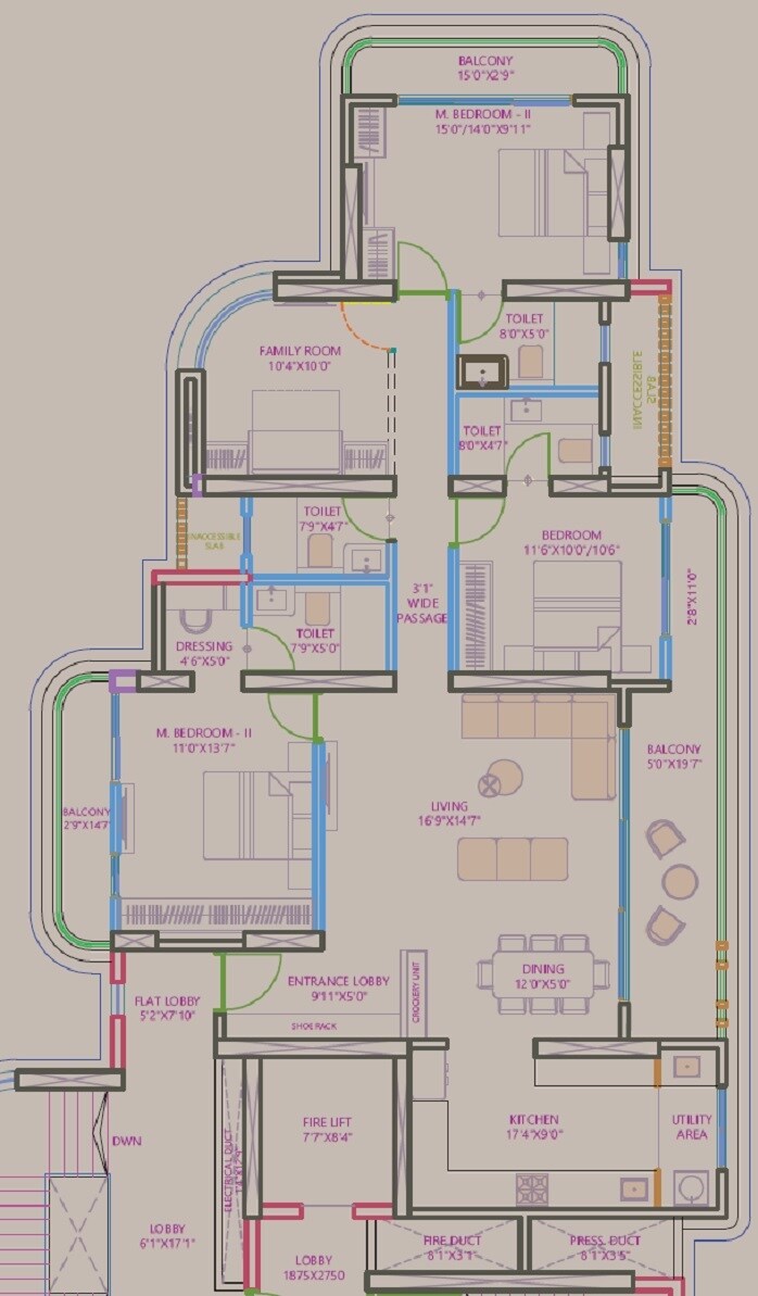 Floor plan of 4 BHK 1607 Sq. Ft. Apartment in East NB Skies, Pune