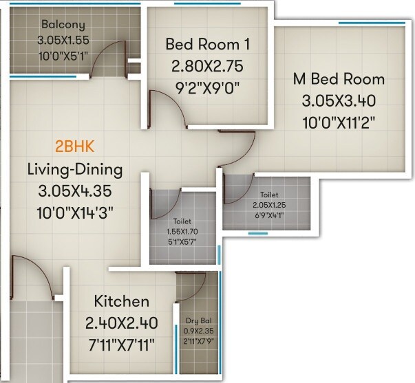 Floor plan of 2 BHK 596 Sq. Ft. Apartment in Eastend Sanskruti Meander, Pune