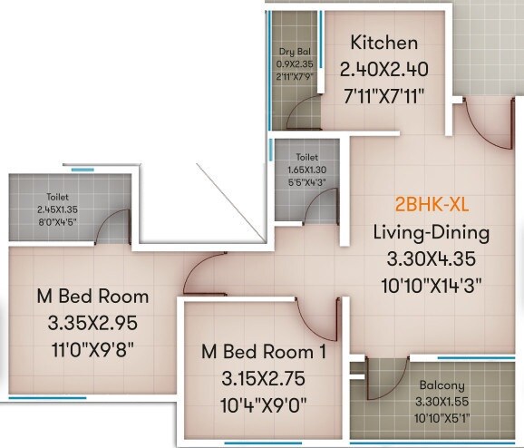 Floor plan of 2 BHK 617 Sq. Ft. Apartment in Eastend Sanskruti Meander, Pune