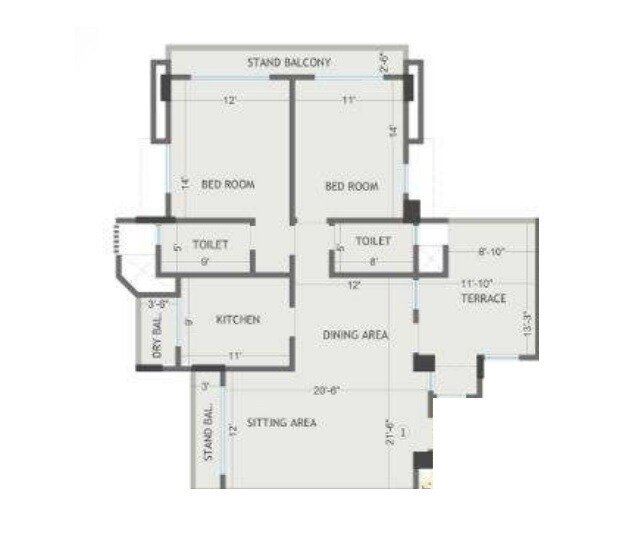 Floor plan of 2 BHK 910 Sq. Ft. Apartment in Eastwoods, Pune