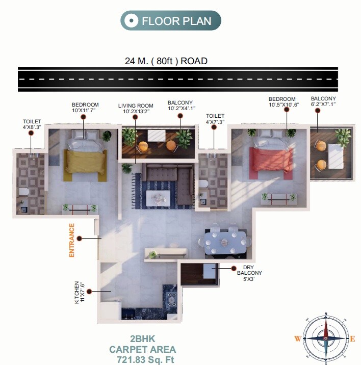 Floor plan of 2 BHK 721 Sq. Ft. Apartment in Ecorb Vrindavan Park, Pune