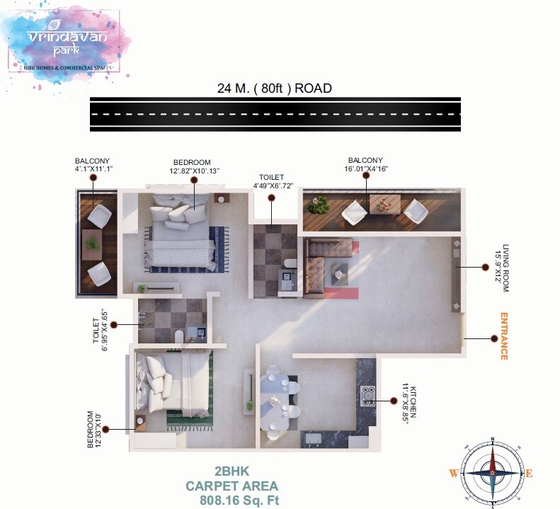 Floor plan of 2 BHK 808 Sq. Ft. Apartment in Ecorb Vrindavan Park, Pune