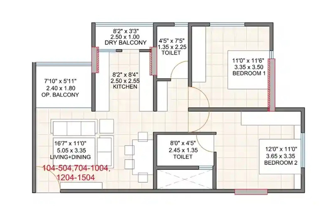 Floor plan of 2 BHK 729 Sq. Ft. Apartment in Edenic Eurus, Pune