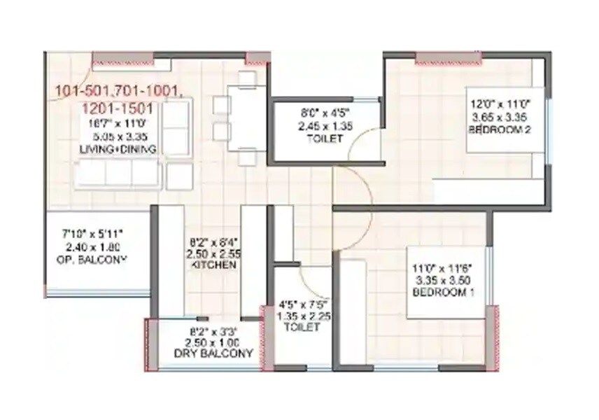 Floor plan of 2 BHK 926 Sq. Ft. Apartment in Edenic Eurus, Pune
