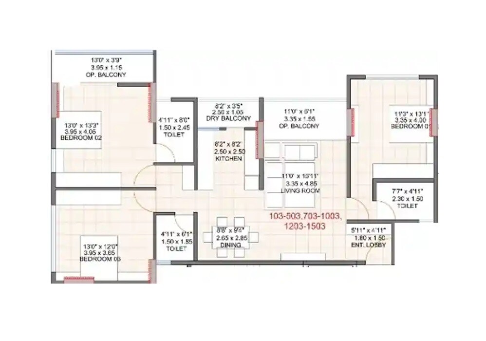 Floor plan of 3 BHK 1157 Sq. Ft. Apartment in Edenic Eurus, Pune