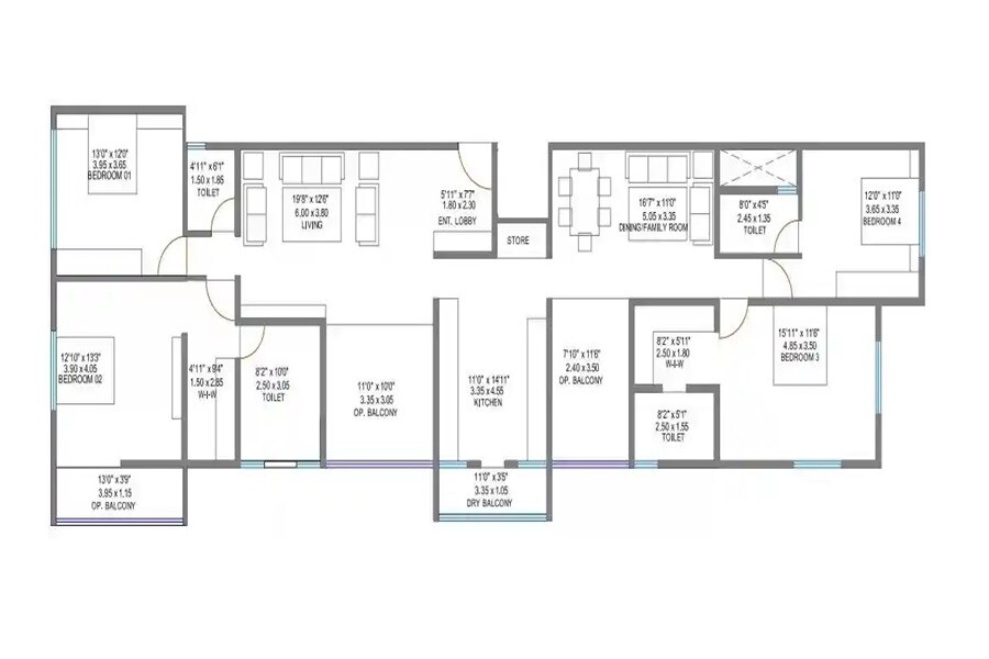 Floor plan of 4 BHK 2005 Sq. Ft. Apartment in Edenic Eurus, Pune
