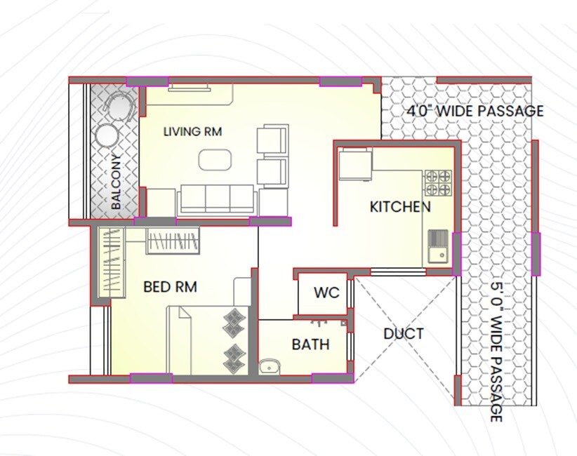 Floor plan of 1 BHK 430 Sq. Ft. Apartment in Edificio Residency, Pune