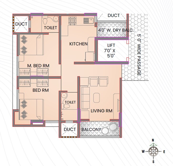 Floor plan of 2 BHK 581 Sq. Ft. Apartment in Edificio Residency, Pune