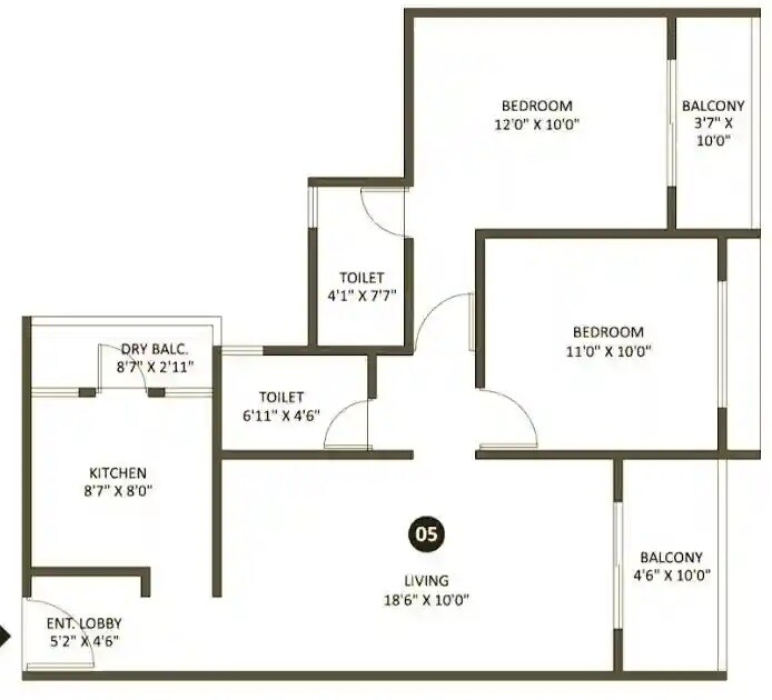Floor plan of 2 BHK 746 Sq. Ft. Apartment in EH Towers, Pune