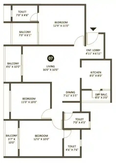 Floor plan of 3 BHK 1065 Sq. Ft. Apartment in EH Towers, Pune