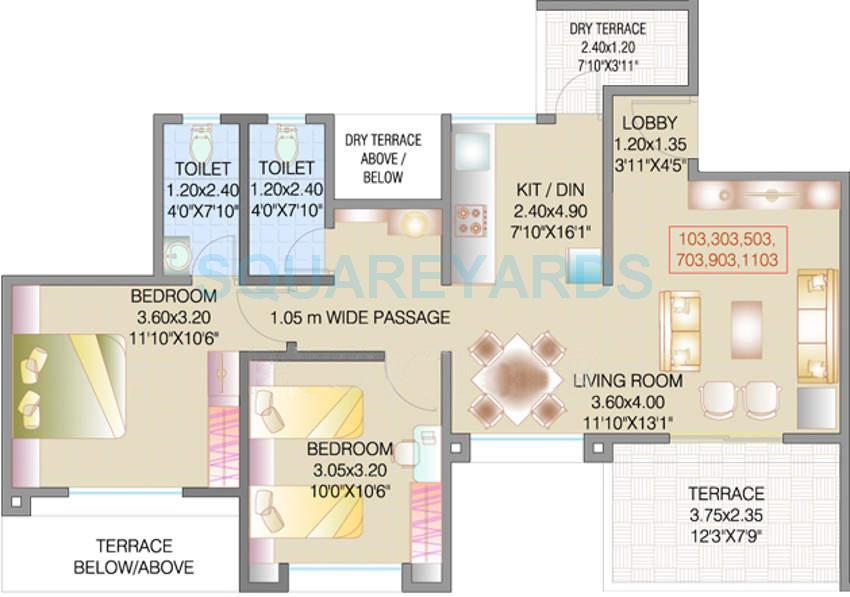 Floor plan of 2 BHK 1226 Sq. Ft. Apartment in Eiffel Developers City, Pune