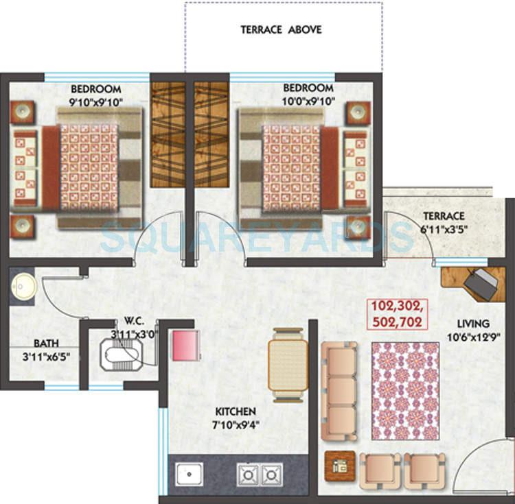 Floor plan of 2 BHK 638 Sq. Ft. Apartment in Eiffel Developers City, Pune