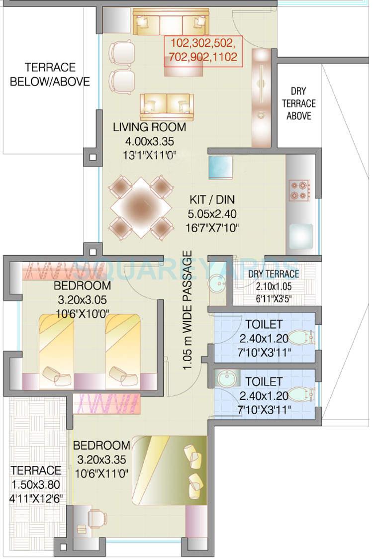 Floor plan of 2 BHK 904 Sq. Ft. Apartment in Eiffel Developers City, Pune