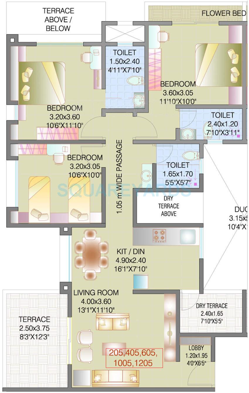 Floor plan of 3 BHK 1332 Sq. Ft. Apartment in Eiffel Developers City, Pune