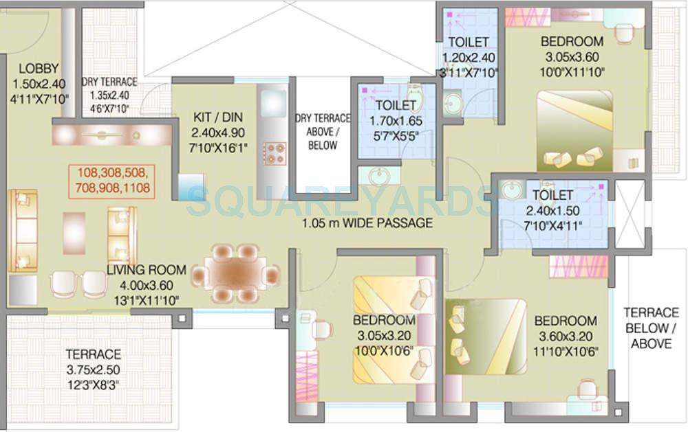 Floor plan of 3 BHK 1347 Sq. Ft. Apartment in Eiffel Developers City, Pune