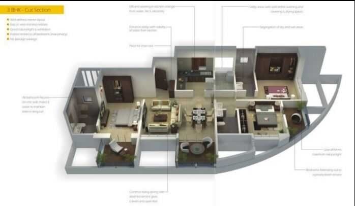 Floor plan of 3 BHK 1600 Sq. Ft. Apartment in Eisha Basilla, Pune