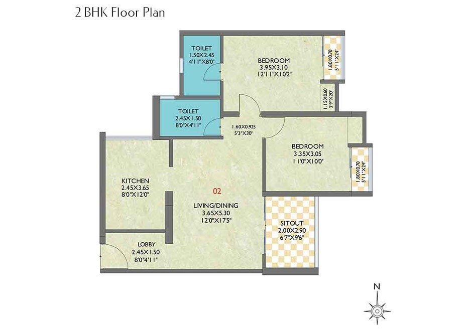 Floor plan of 2 BHK 849 Sq. Ft. Apartment in Eka Elitas, Pune
