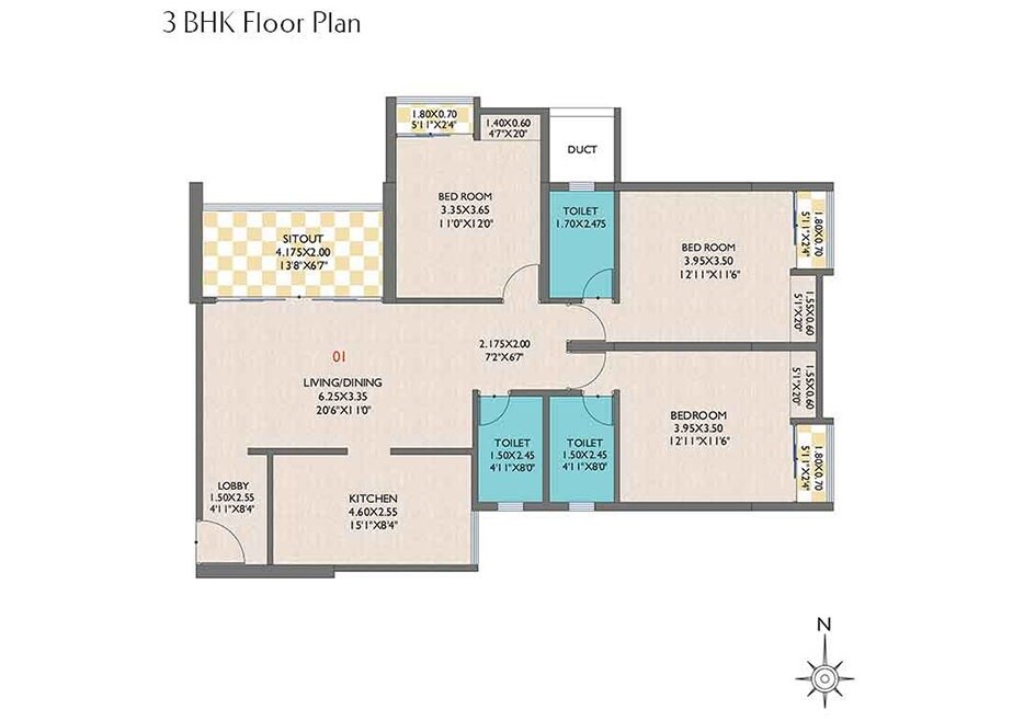 Floor plan of 3 BHK 1249 Sq. Ft. Apartment in Eka Elitas, Pune
