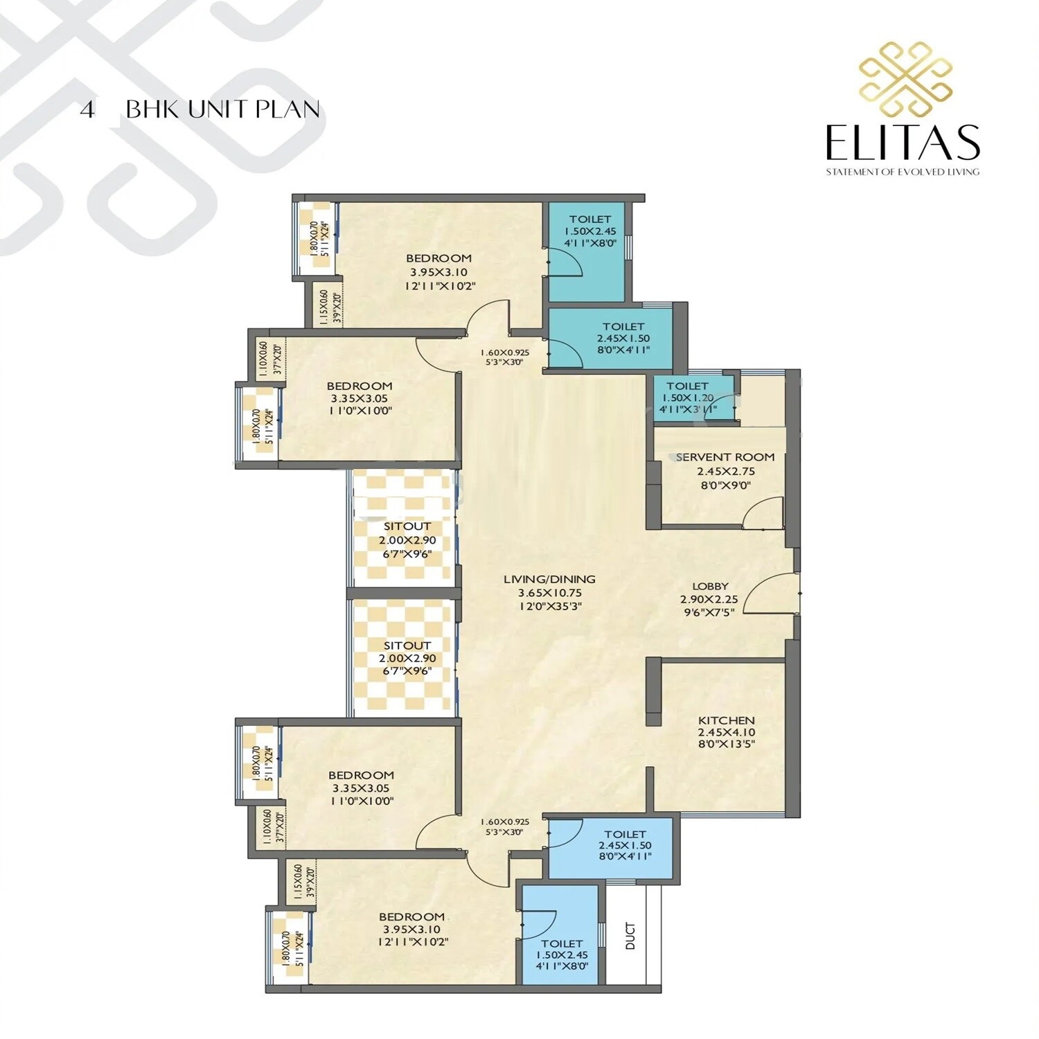 Floor plan of 4 BHK 1698 Sq. Ft. Apartment in Eka Elitas, Pune