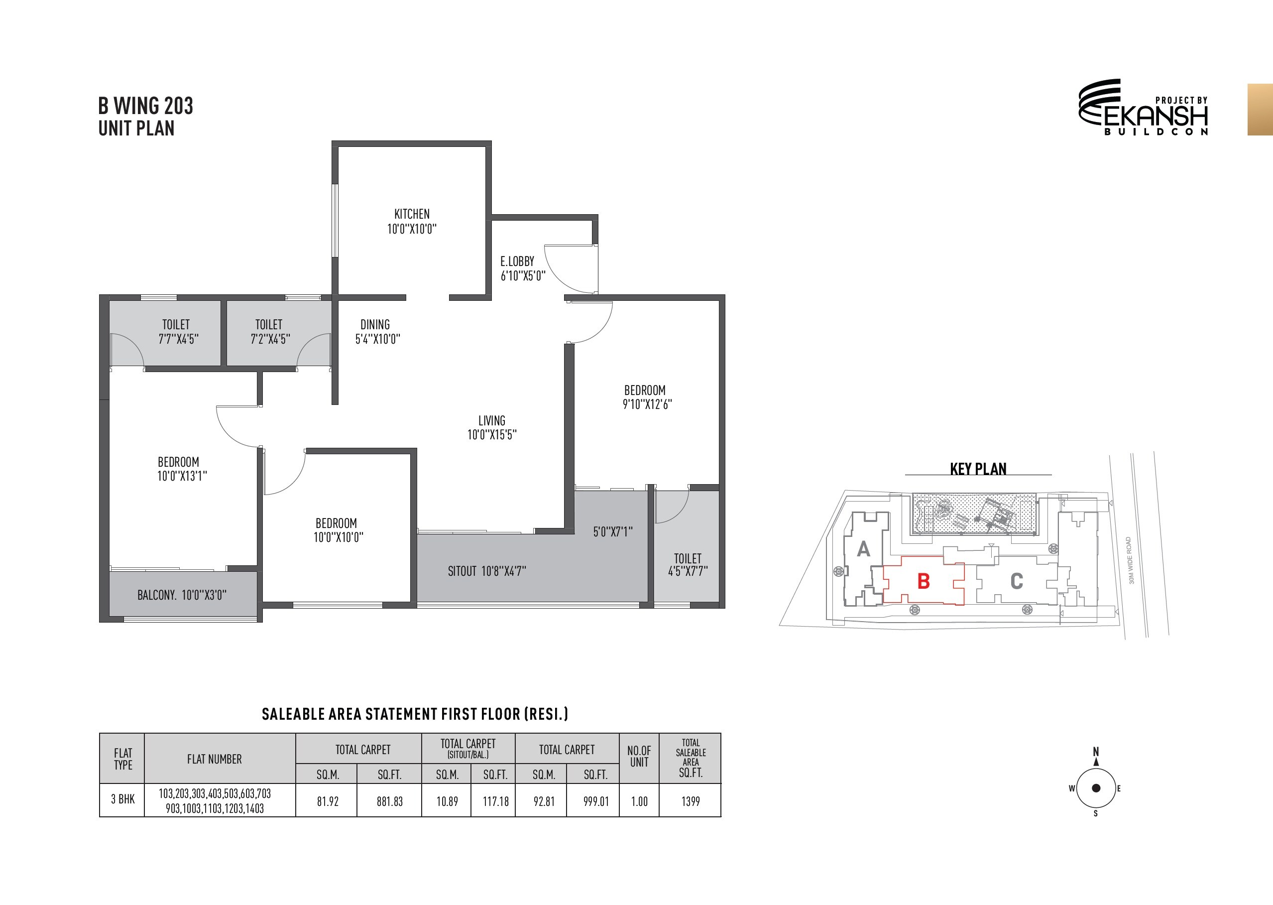 Floor plan of 3 BHK 999 Sq. Ft. Apartment in Ekansh Rivera, Pune