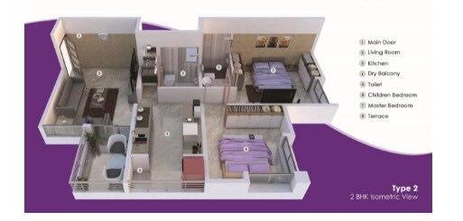 Floor plan of 2 BHK 970 Sq. Ft. Apartment in Eklavya Skylark, Pune