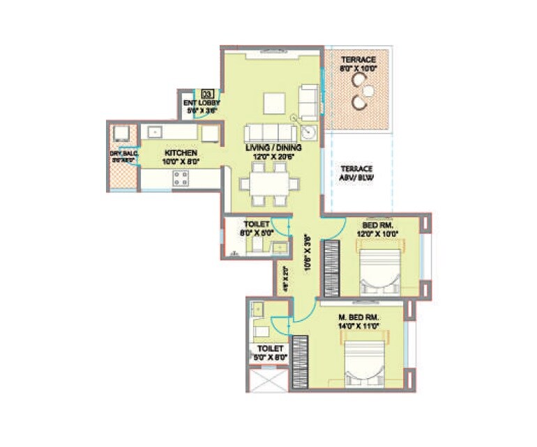 Floor plan of 2 BHK 886 Sq. Ft. Apartment in Ekta World Florida, Pune