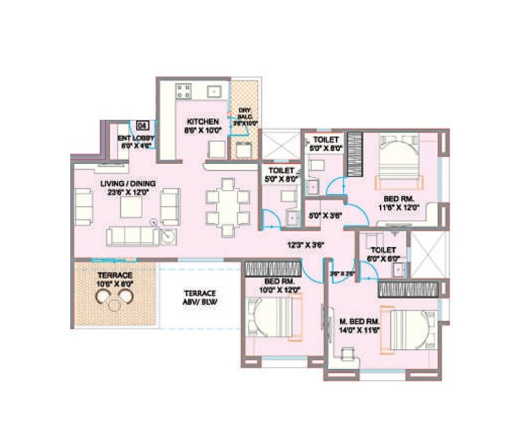 Floor plan of 3 BHK 1165 Sq. Ft. Apartment in Ekta World Florida, Pune