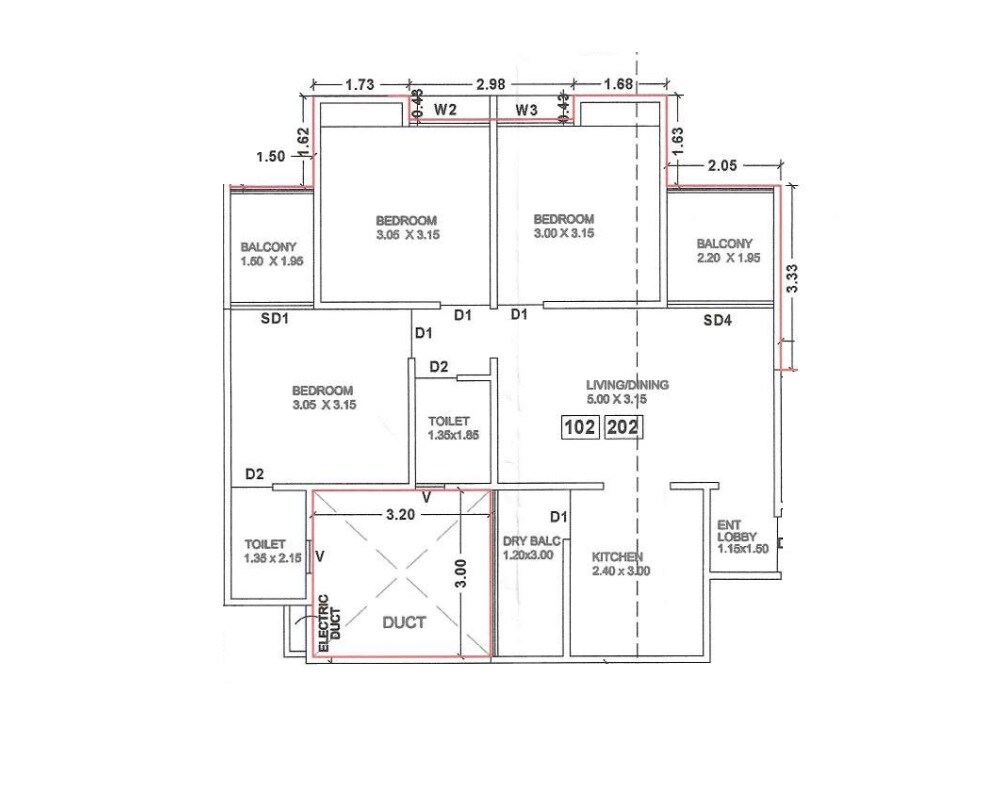Floor plan of 3 BHK Apartment - 737 sq. ft. in Ekvira Lotus Plaza, Pune