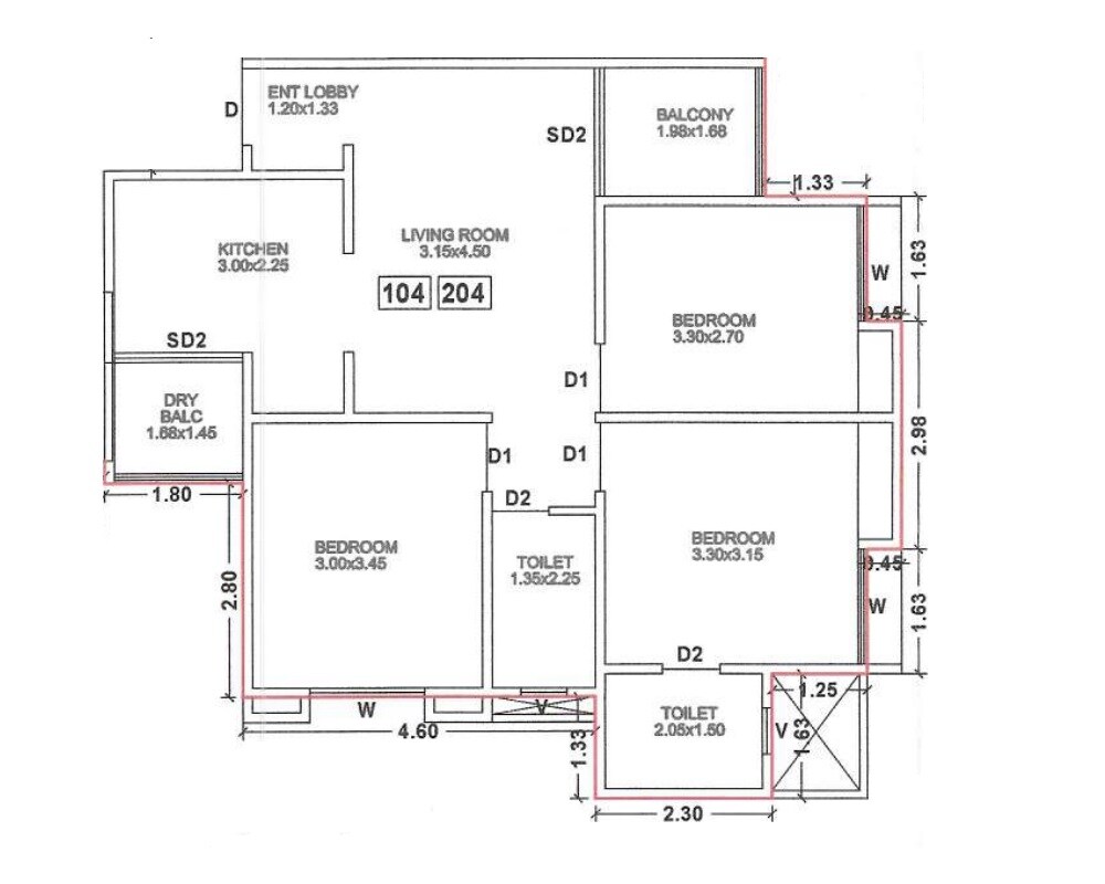 Floor plan of 3 BHK Apartment - 943 sq. ft. in Ekvira Lotus Plaza, Pune