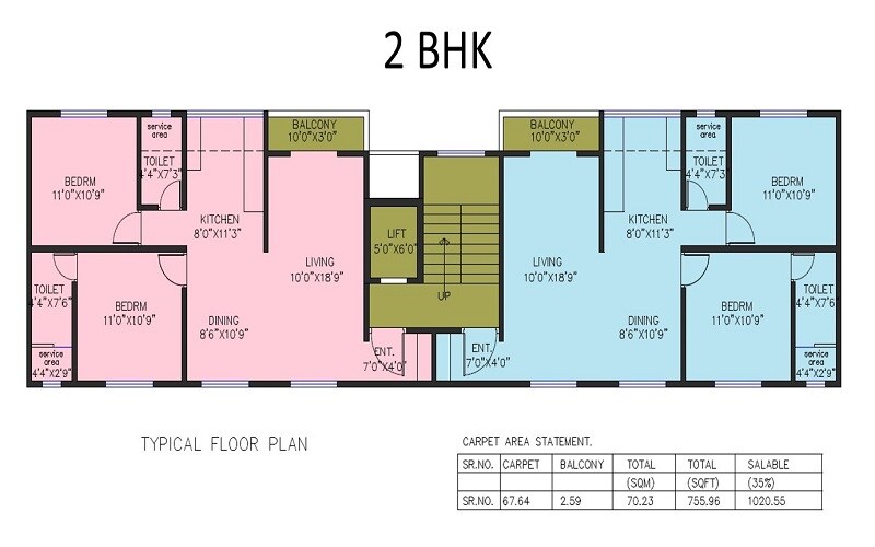 Floor plan of 2 BHK 756 Sq. Ft. Apartment in Elegant Univis, Pune