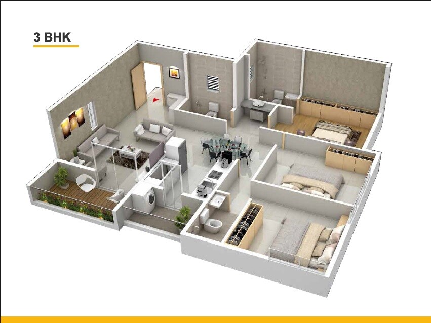 Floor plan of 3 BHK 1067 Sq. Ft. Apartment in Elite Narendra CHS, Pune
