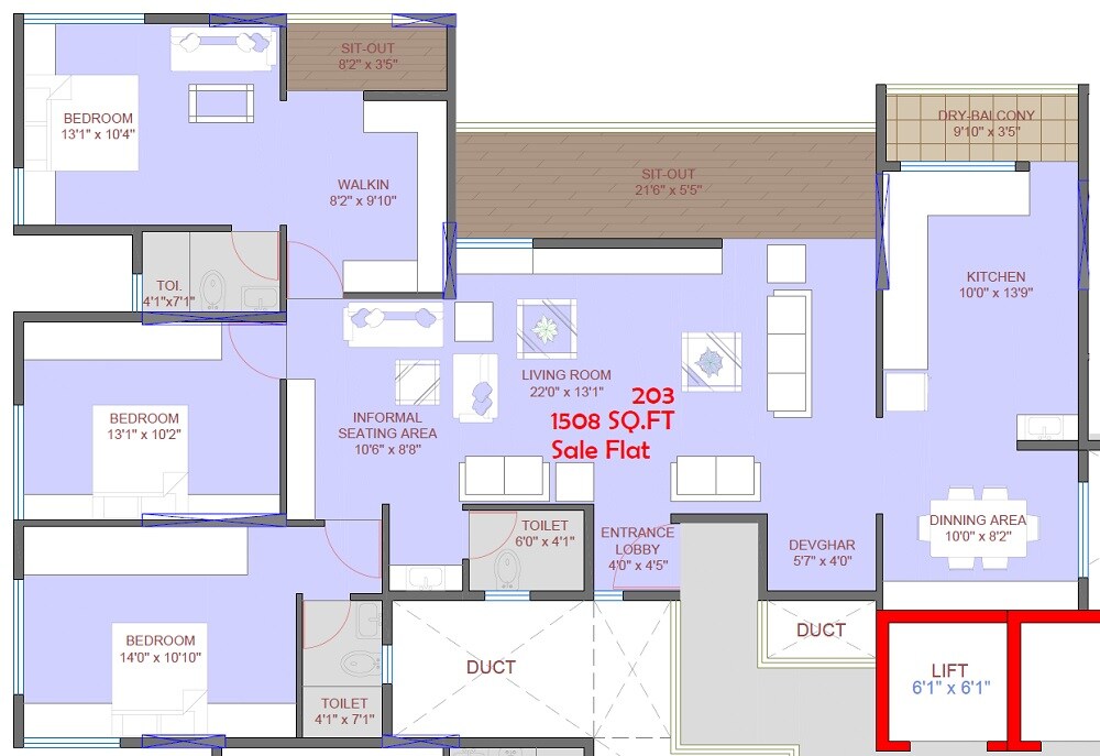 Floor plan of 3 BHK 1508 Sq. Ft. Apartment in Elite Narendra CHS, Pune
