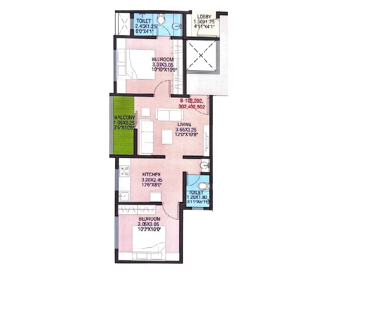 Floor plan of 2 BHK 581 Sq. Ft. Apartment in Emperos Sky 2 Cosmos, Pune