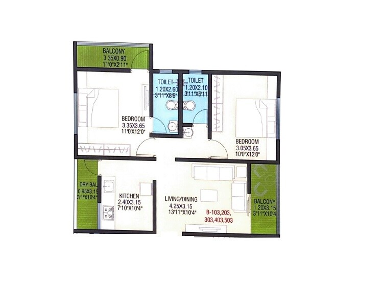 Floor plan of 2 BHK 732 Sq. Ft. Apartment in Emperos Sky 2 Cosmos, Pune