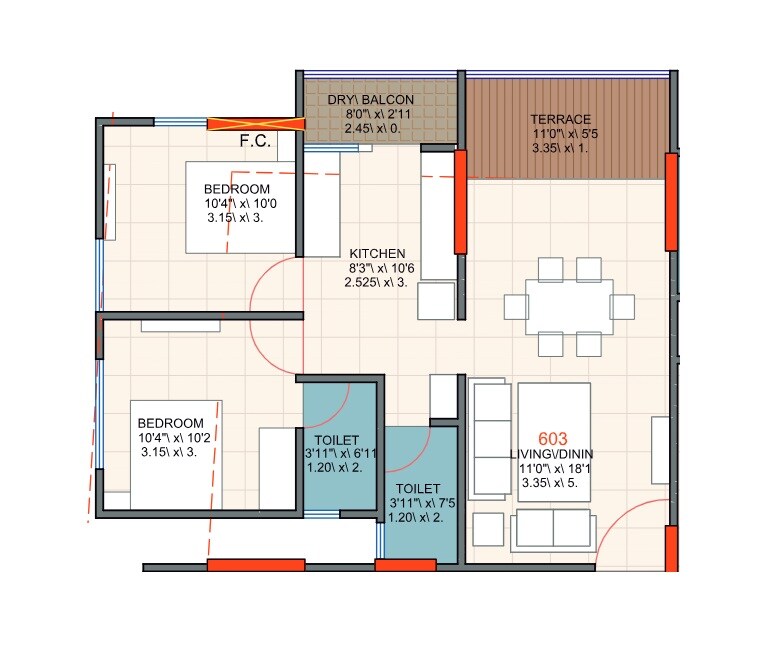 Floor plan of 2 BHK 698 Sq. Ft. Apartment in Empire Shree Swami Samarth, Pune