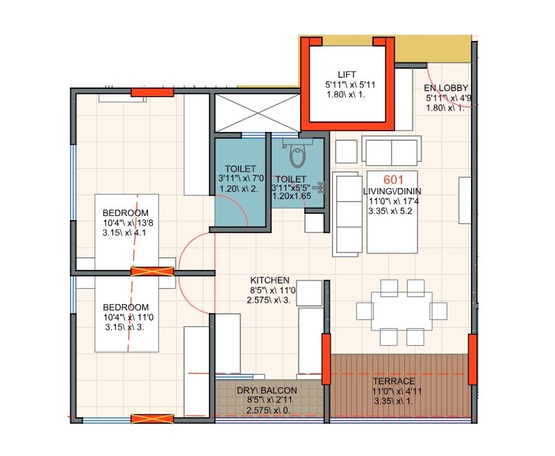 Floor plan of 2 BHK 710 Sq. Ft. Apartment in Empire Shree Swami Samarth, Pune