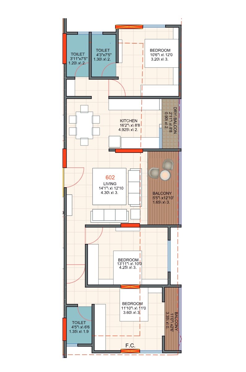 Floor plan of 3 BHK 1017 Sq. Ft. Apartment in Empire Shree Swami Samarth, Pune