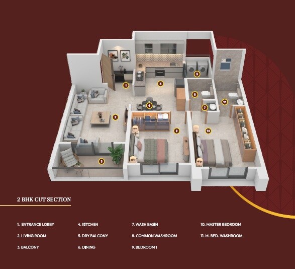 Floor plan of 2 BHK 666 Sq. Ft. Apartment in Empire The Horizon, Pune