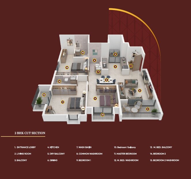 Floor plan of 3 BHK 1046 Sq. Ft. Apartment in Empire The Horizon, Pune