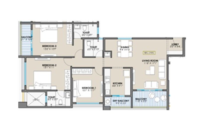 Floor plan of 3 BHK 1105 Sq. Ft. Apartment in Engineers EH Sky Tower, Pune