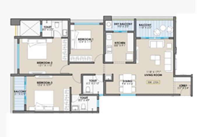 Floor plan of 3 BHK 1207 Sq. Ft. Apartment in Engineers EH Sky Tower, Pune