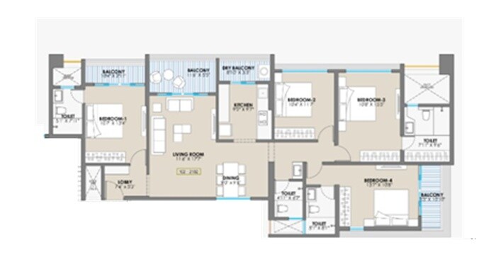 Floor plan of 4 BHK 1510 Sq. Ft. Apartment in Engineers EH Sky Tower, Pune