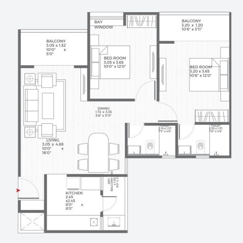 Floor plan of 2 BHK 800 Sq. Ft. Apartment in Engineers Horizon The Trinity, Pune