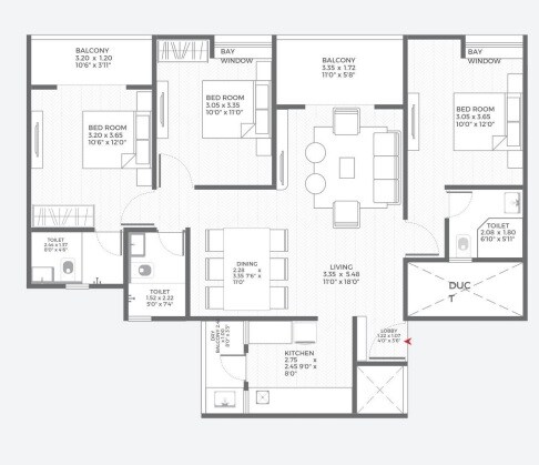Floor plan of 3 BHK 1050 Sq. Ft. Apartment in Engineers Horizon The Trinity, Pune